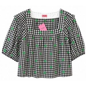 Kate Spade New York Gingham Embroidered Top XL Black White Puff Sleeve NWT
